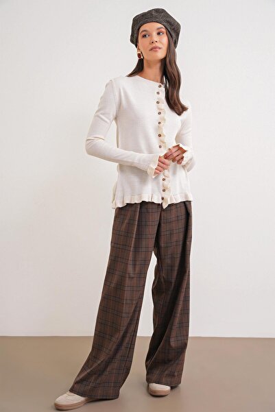 Mixray 6964 Women's Plain Ruffled Buttoned Cardigan Natural