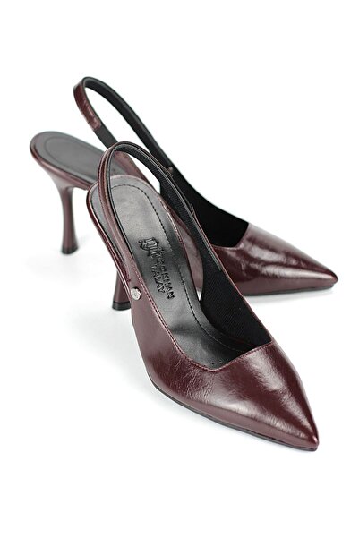 Gökhan Talay حذاء نسائي بكعب مرن وناعم ومضاد للانزلاق (8 سم) من الجلد اللامع باللون العنابي مع أربطة مرنة