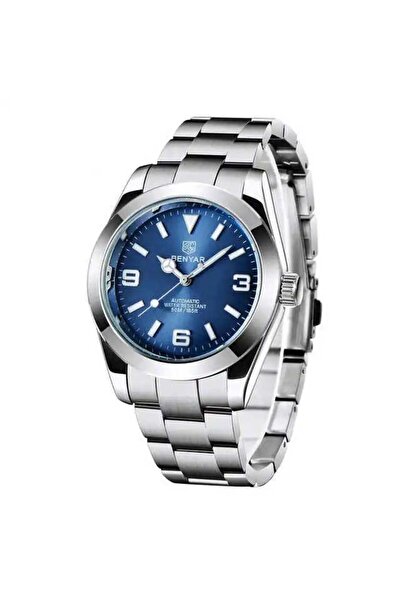 Benyar Ceas bărbătesc mecanic automat analogic oțel business argintiu albastru