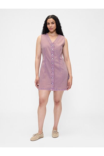 GAP Kadın Pembe Denim V-Yaka Mini Elbise