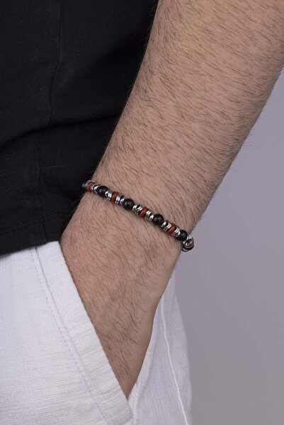 Gümüş Pazarım Hematit Geçişli Oniks Taşlı 3 Renk Doğal Taş Erkek Bileklik