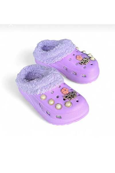 AkınalBella Girl's Lilac Stone Wool-Lined High House Casual Slippers