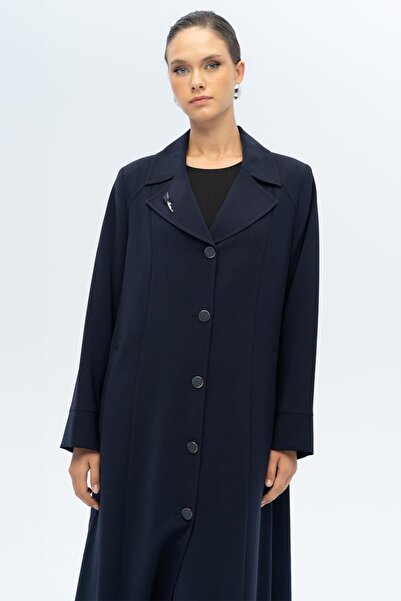 Olcay Coat with Collar Brooch Detail, Lined, Large Size Overcoat, Dark Blue 6691-A