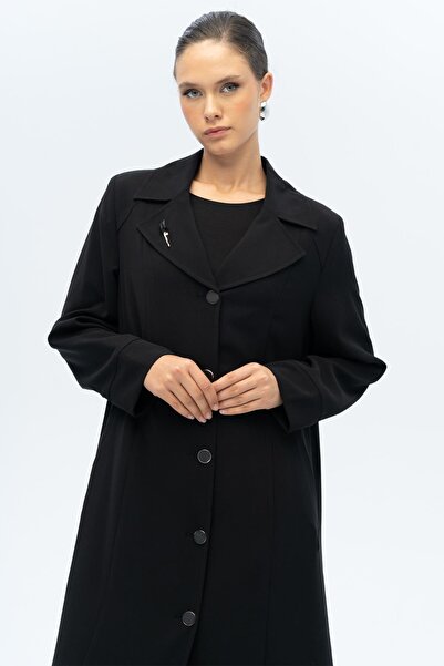 Olcay Coat Collar Brooch Detailed Lined Plus Size Overcoat Black 6691-A