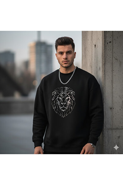 dwnwear Μαύρο χρώμα Lion με τύπωμα Basic Crew Neck Relaxed Regular Χειμερινό ανδρικό φούτερ