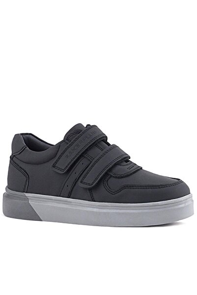 Rakerplus Genuine Leather Black Skin Gray Sole Velcro Boys Sneaker