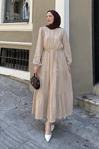 lamelif Φόρεμα με κορδόνι στη μέση, μονόχρωμο καφέ