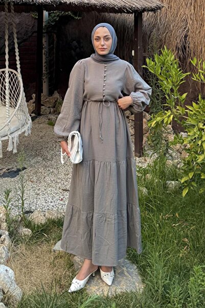 lamelif Waist Gathered Hijab Dress Gray