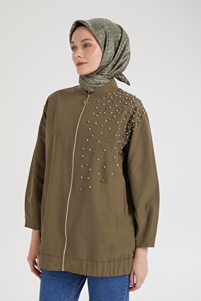 Armine Taş Detaylı Fermuarlı Bomber Ceket 25KT518 - Olive