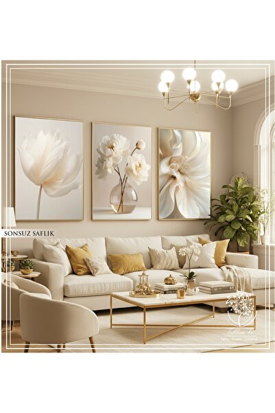 Tablomtr Sonsuz Saflık - Dijital Baskılı Gold Metal Çerçeveli Gerçek Camlı 3'lü Dekoratif Tablo