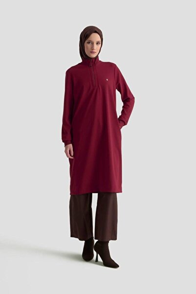 Armine Dik Yaka Fermuarlı Basic Tunik 25kt456 - Bordo