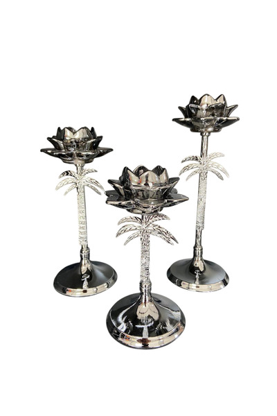 madam concept Gümüş & Gold Nilüfer Şamdan 3’lü Set – Dekoratif Metal Mumluk T...