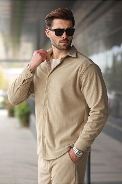 Madmext Beige Velvet Men's Shirt and Pants Set E7334