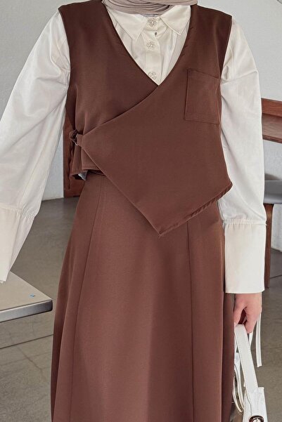 lamelif Διπλό Σετ Κομμένο Μπλουζάκι και Φούστα Πικρό Καφέ