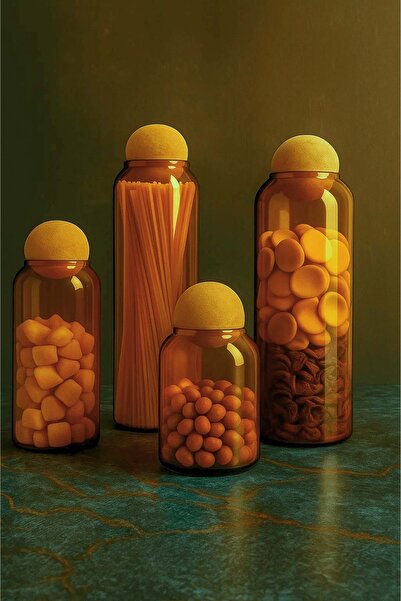 Jenisa Set of 4 Amber Glass Jars – Decorative Spice Jar Set with Round Cork Lids