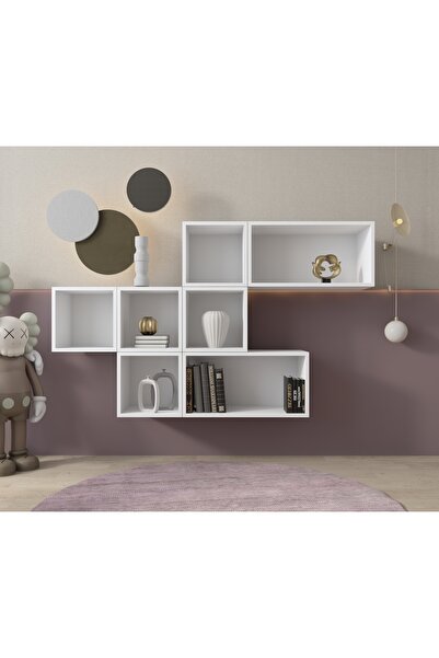 nettrends.net the new trend of shopping Asimetrik 6 Parçalı Modüler Dekoratif Set 4 Kare Raf 2 Geniş Yatay Raf Duvar Rafı Beyaz-NRG-DVR-1013