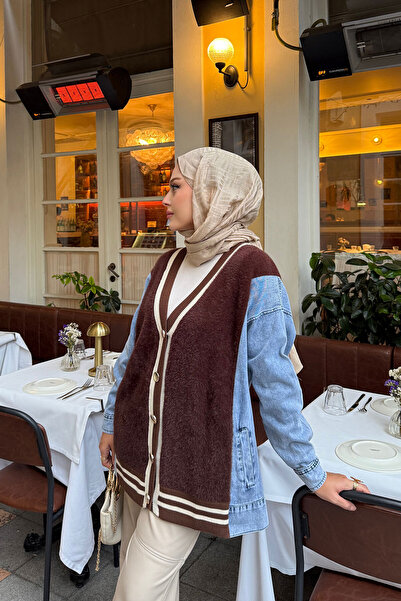 LOCCO Kadın Kot Detay Hırka Kahverengi