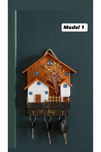 Anı_Atölye حامل مفاتيح خشبي للحائط بتصميم منزل مع حديقة، مزود بثلاثة خطافات ل...