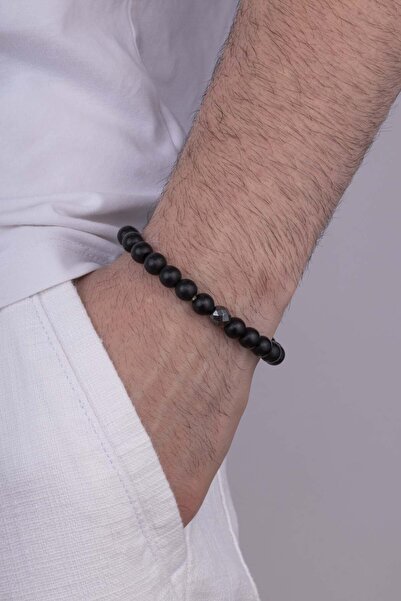 Gümüş Pazarım Hematite Detailed Round Cut Onyx Stone Natural Stone Men's Bracelet