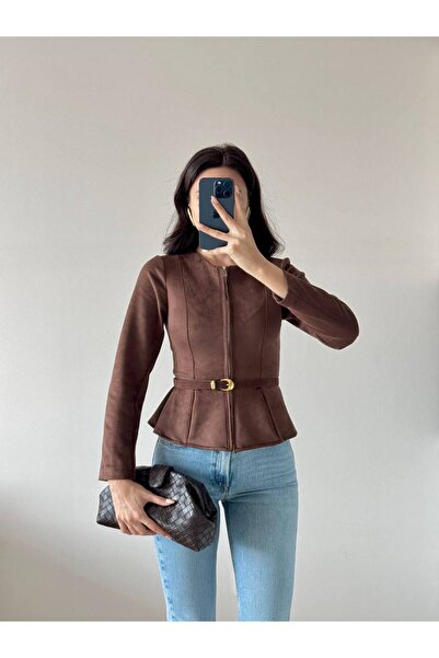 LOCH BUTİK Дамско кафяво яке с дълги ръкави и колан от велур