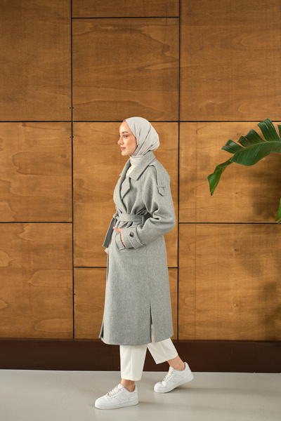 LOCCO Women's Button Detail Waist Tie Coat Gray