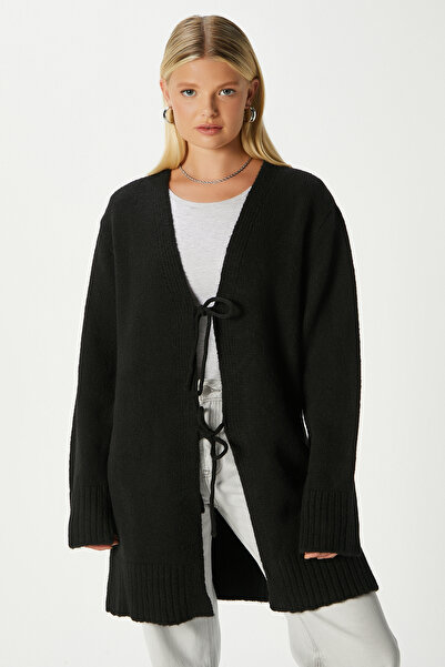 Ritnice Women's Rune Soft Textured Lace-Up Black Long Cardigan