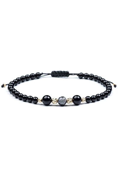 Velar Bracelets Bratara din Snur cu Pietre Semipretioase Onix, Obsidian si Bile din Aur 14K (Reglabila)