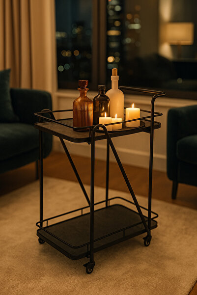 MARIA HOMES Modern Black Serving Trolley with 2Tier Shelves and Wheels Cart for Kitchen, Dining, or Living Room