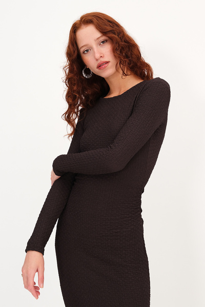 Addax Textured Shirred Long Dress E0618