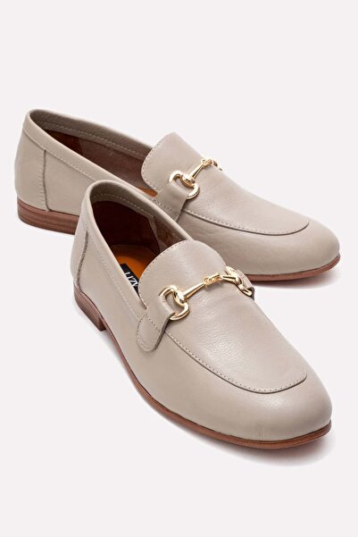 Lizy Shoes Bej - Pantofi de damă din piele naturală cu cataramă metalică auri...