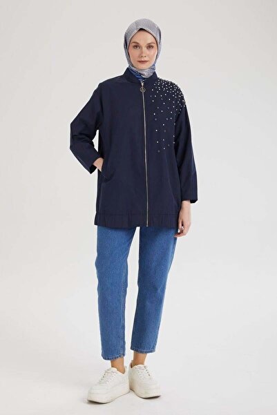Armine Taş Detaylı Fermuarlı Bomber Ceket - Lacivert