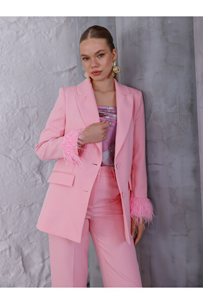 MODA Yeni sezon Özel seri kadın pembe koları tüy detaylı ceket pantolon ikili takım