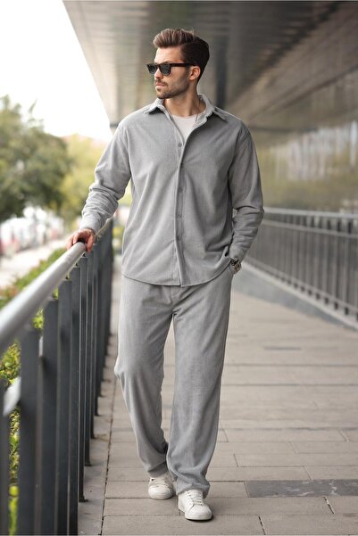Madmext Painted Gray Velvet Men's Shirt Pants Suit E7334