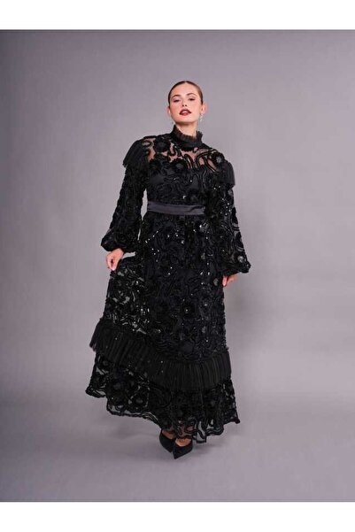 SERPİL Dantelli Transparan Detaylı Uzun Kollu Şık Kadın Elbise 50921