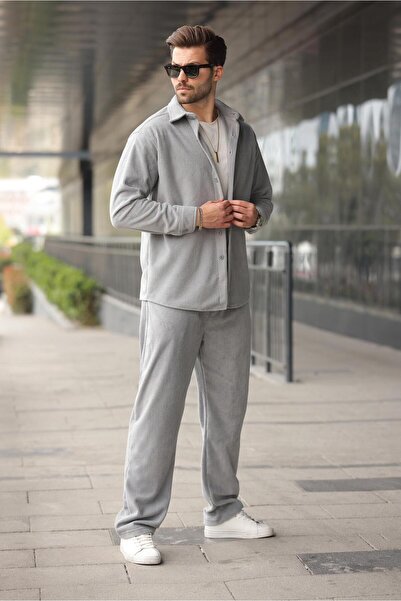 Madmext Βαμμένο γκρι βελούδινο ανδρικό πουκάμισο και παντελόνι E7334