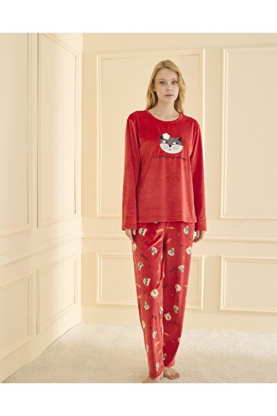 DREAM FASHION French Velvet Red Pajama Set
