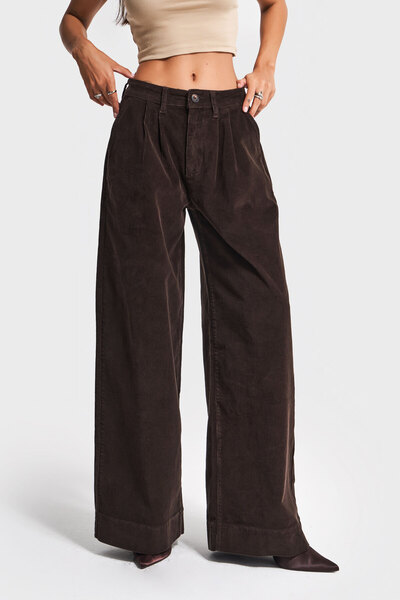its basic Γυναικείο παντελόνι καφέ 26w5-136 Midrise Wide Leg Fit Corduroy Velvet Fabric