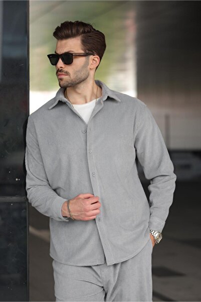 Madmext Painted Gray Velvet Men's Shirt Pants Suit E7334