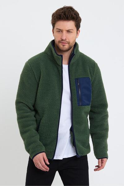 Polo State Jachetă de pluș pentru bărbați cu guler ridicat fermoare, verde de...