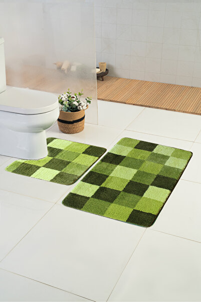Moda Dekor Milenyum Karo Yeşil 2'li Banyo Paspası | 60x100cm + 60x50cm