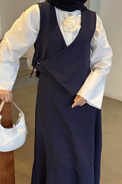 lamelif Crop Vest-Skirt Two-Piece Set Navy Blue