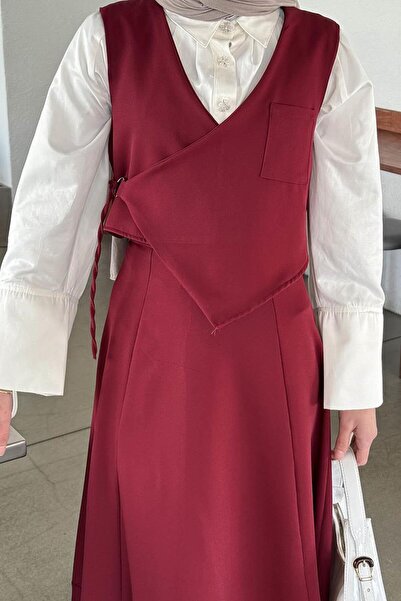 lamelif Crop Vest-Skirt Two-Piece Set Burgundy