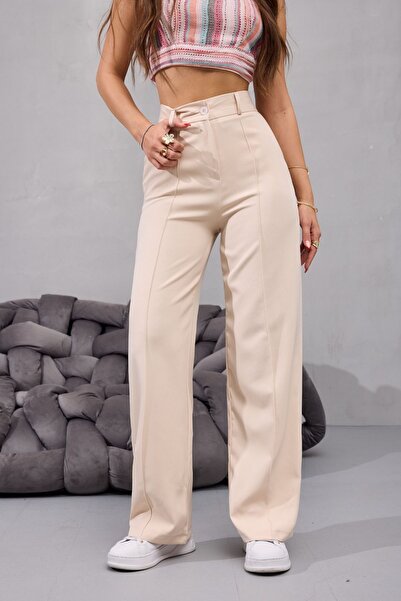 BİKELİFE Kadın Yüksek Bel Likralı Geniş Paça Çımalı Rahat Kesim Pantolon