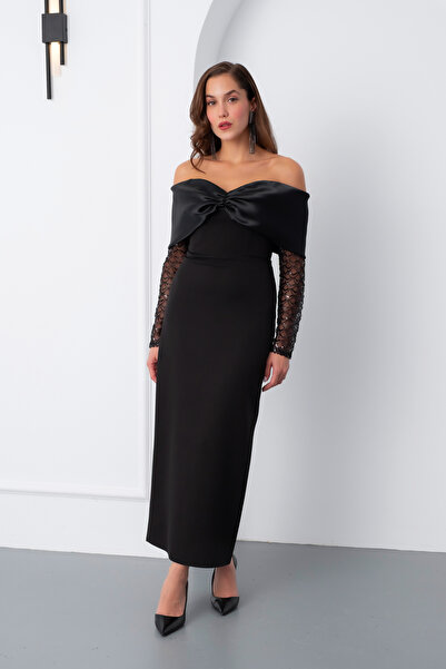 Lafaba Kadın Siyah Kol Detaylı Fiyonklu Söz Nişan Nikah Abiye Elbise