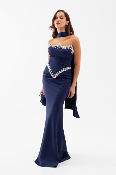 Lafaba Kadın Lacivert Straplez Taşlı Uzun Saten Abiye Elbise
