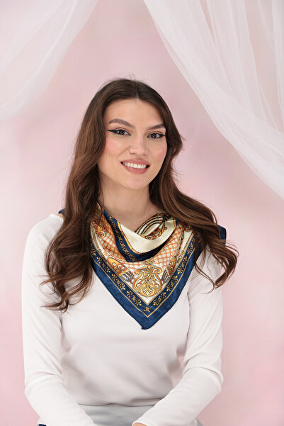 Trend Land Esarfa patrata satinata cu bordura bleumarin si imprimeu orange