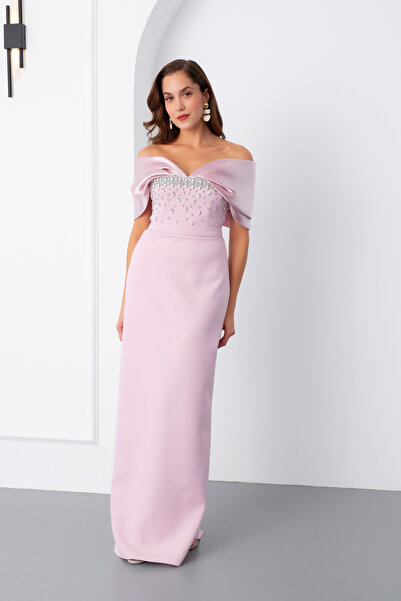 Lafaba Kadın Pudra Kayık Yaka Göğsü Taşlı Uzun Abiye Elbise