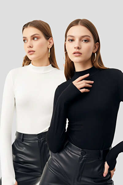 uyguntarz Schwarz-weißer zweiteiliger Body mit Fingerdetails und halbem Rollkragen für Damen