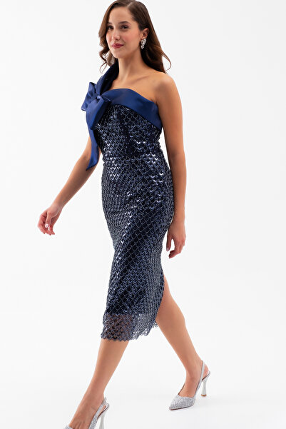 Lafaba Kadın Lacivert Tek Omuz Boncuklu Midi Gece Elbisesi