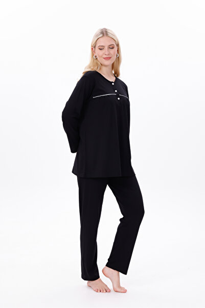 Mio Vero Women's Black Ribbed Long Sleeve Cotton Plus Size (Oversized) Pajama Set
